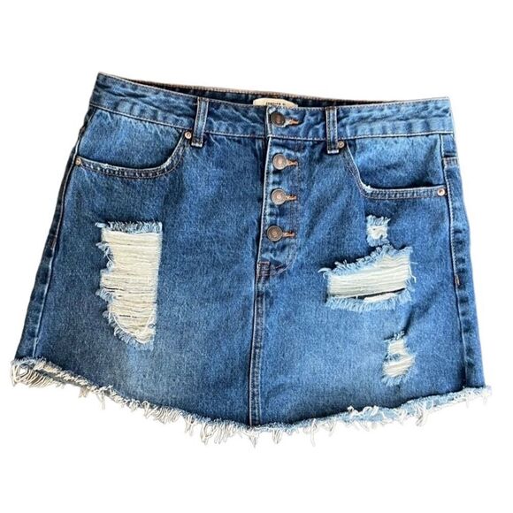 Forever 21 denim mini skirt button up fly distressed raw hem size 28 - Picture 1 of 12